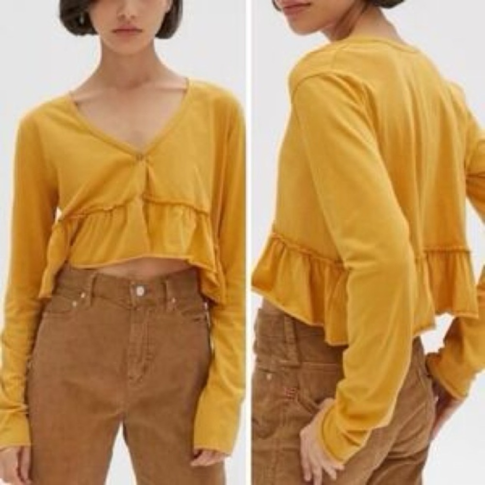 Project Social T Urban Outfitters Yellow Cropped Ruffle V-Neck Tee Shirt